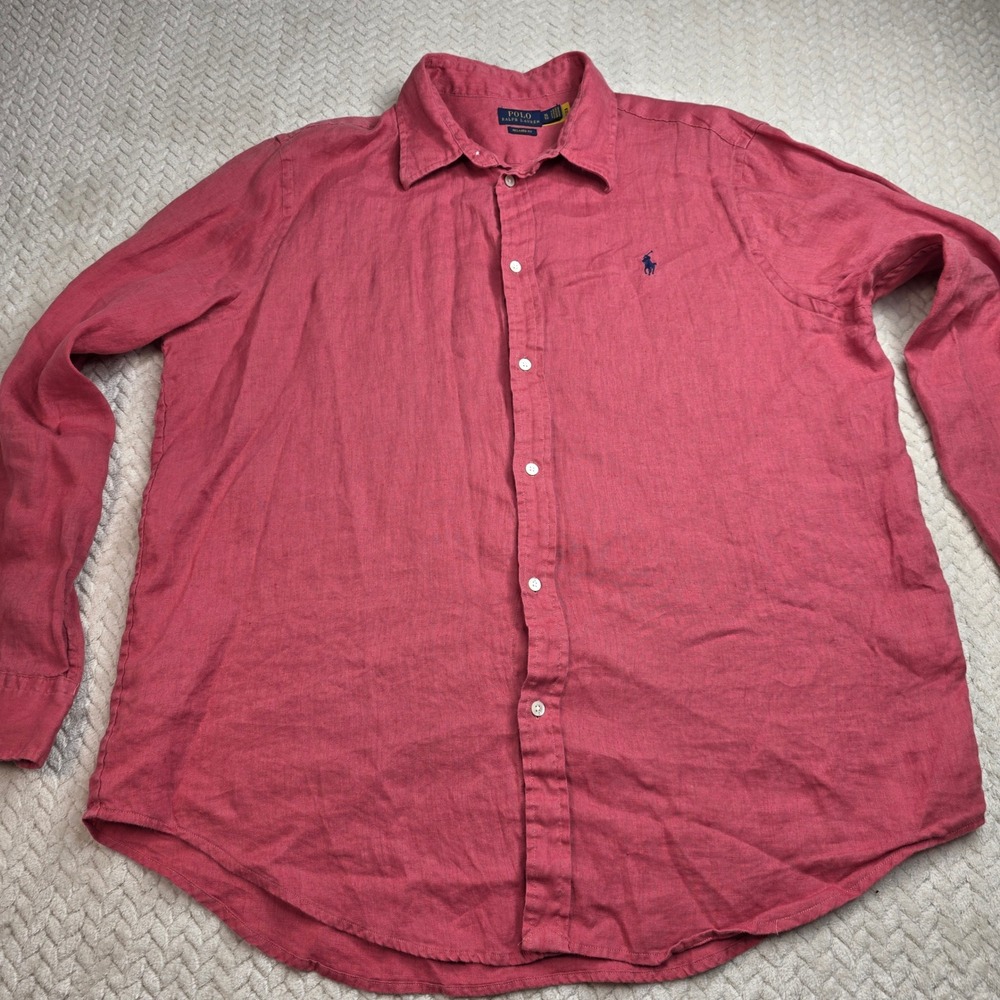 Polo Ralph Lauren Mens XL Relaxed Fit 100% Linen Button Down Shirt Pink Red Long - Picture 4 of 9